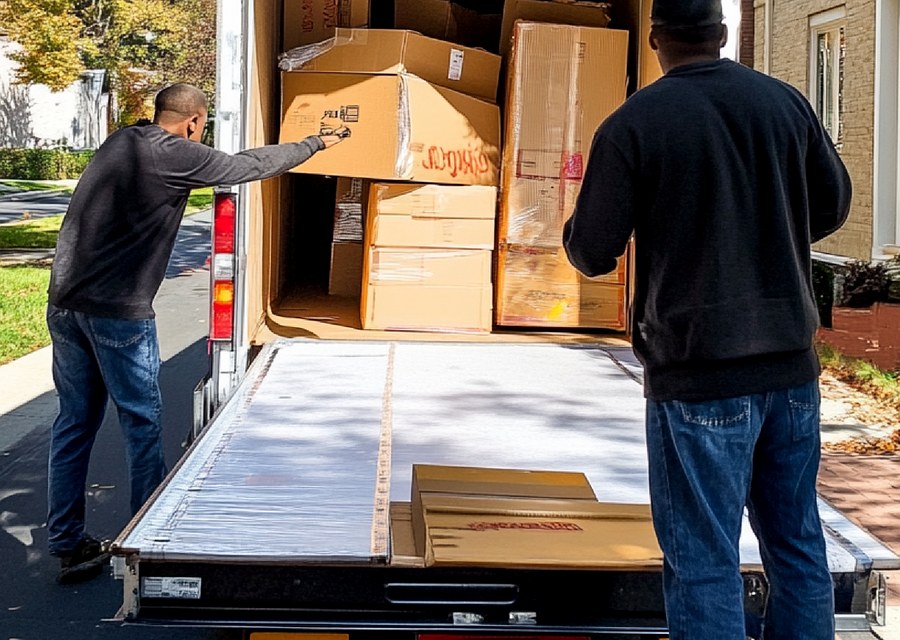 Movers loading a truck in Lowell, Massachusetts