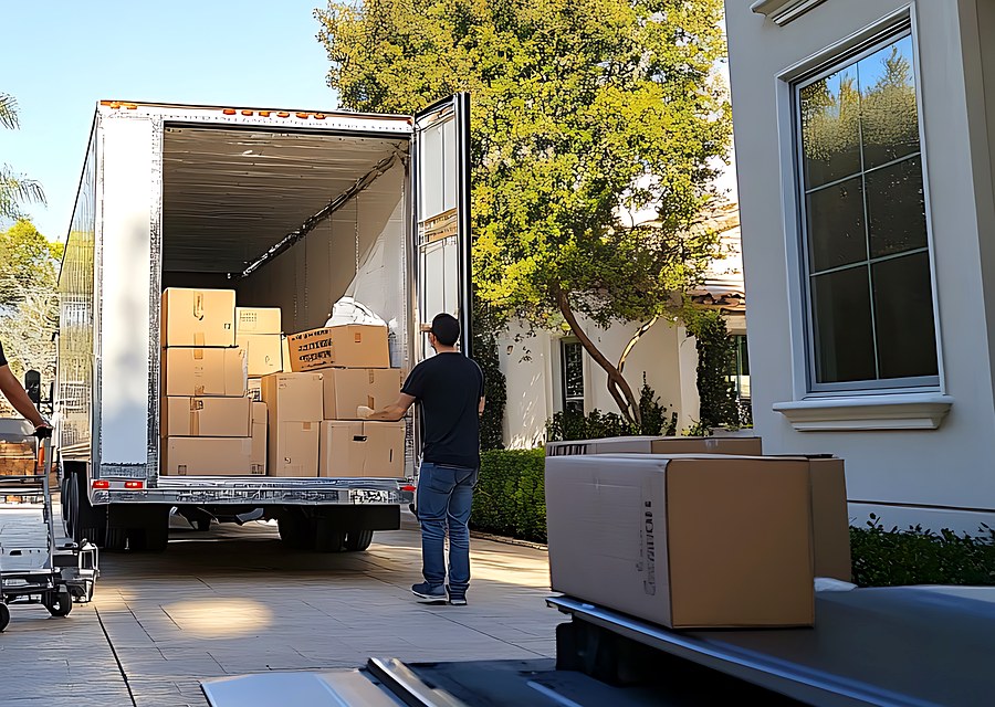 Packed moving truck ready for cross-country transport